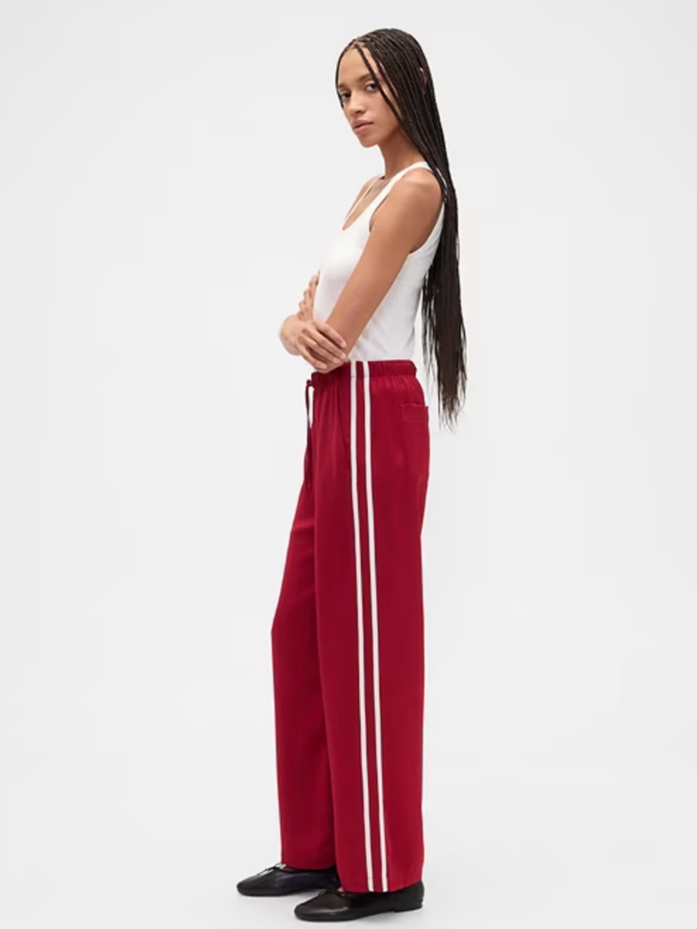 GAP Red Satin Wide-Leg Track Pants with Side Stripes TALL - Picture 2 of 8